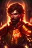 Placeholder: holy knight. red and gold armor, male, brown hair, dark fantasy them, yellow eyes, glowing eyes, short hair, beard, temple background