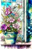 Placeholder: Shabby chic window with flowerpots and bouquets filled with beautiful flowers.full sunlight, stormy clouds, bird, watercolour and ink, stained glass Modifiers: elegant intricate beautiful fantastic view crisp quality colourful Jean-Baptiste Monge pastel colors full view