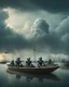 Placeholder: Bosch painting style, nightmare , an Ai robots sitting lined up in line one after another holding The boat's oars , great quality picture with cinematic scenes , heavy clouds in the background