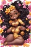 Placeholder: A sassy thick-lined airbrushed cartoon black chibi girl lounging lazily on her side, surrounded by flower petals. She has a golden lion tail curling playfully behind her curvy body. Looking up coyly, she grins widely, showing sharp lion teeth. Her poofy hair forms a mane framing her confident, regal expression.