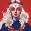 Placeholder: Generate a gouache illustration based on the song Queendom by 'Aurora'. Make it powerful. Use elements from the given photo to create something new and interesting. Replace the colour red work navy blue