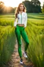 Placeholder: fullbody shot of young-beautiful-girl-with-a-perfect-face wearing sport pants and sport blouse and sport jacket and shoes standing in country side green field day lights