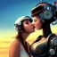 Placeholder: great illustrator, spanish, realistic rendering of a cute spanish girl kissing a cyber girl with helmet, beautiful, steampunk style. Helmet with tubes. Machinery in the background. robotic bird flying. High details. 4k. unreal engine, sunset