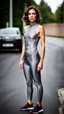 Placeholder: photography of a beautiful anorexic woman, grey satin triathlon top, brunette wavy bob haircut, flat chest, grey satin cycling leggins