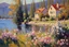 Placeholder: Sunny day, mountains, river, distant house, flowers, trees, konstantin korovin and jenny montigny impressionism paintings