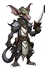 Placeholder: Kobold from dnd, horns, grey diamond - shaped scales, magic book, leather armor