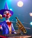 Placeholder: mechanoid clown playing jazz with a steampunk theme, trumpet, realistic