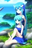 Placeholder: Female sea elf sitting on a rock with her animal friends,blue hair, blue skin, highly detailed, art by studio ghibli, laughing, picnic, nature, Grove, oasis