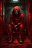 Placeholder: A scary gothic person sits quietly in the middle of a soundproof, padded room conveying intense dramatic emotions in a muted environment, wearing a red restraint jacket with arms inside, a mask to cover the mouth area of cannibal evil scary, dark and gothic look, cold eyes, eary ultra detailed,.32k, digital art style with messy paint, hardened sealer appearance, impasto, dramatic Arial view with explosive chaotic background