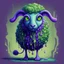 Placeholder: Bipedal creature resembling a Sheep with vivid deep violet-blue fur and toxic green wool with patches of green slime and bizarre green eyes with a long rat-like tail and ears background sewer in cartoon art style