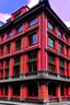 Placeholder: an old building with 3 floors and large colored glass façade and red curtain behind its windows. The façade walls are composed of decorating clay bricks with no attic on the roof. a perspective view is recommended. building is consisted of 7 spans the middle span is a bit slim.