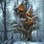 Placeholder: Elf tree house in the forest, 8k, realistic, intricate, highly detailed, cinematic snow effects, night