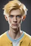Placeholder: Hyperrealistisch 16jähriger schlanker effeminierter blonder Junge mit hellblauen Augen, das Haar ordentlich gekämmt, weißes Hemd und gelber Pullover mit V-Ausschnitt
