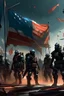 Placeholder: Epic battle scene with soldiers wearing cyber punk gear and holding a big visible flag reading GWAR