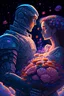 Placeholder: an android man gives a bouquet of flowers to a beautiful human woman, in 90's anime style, an android man in love and a human woman, extremely detailed painting, lots of stars, space, beautiful glowing, centered, symmetry, painted, intricate, volumetric lighting, beautiful, sharp focus, ultra detailed, in the style of dan mumford and marc simonetti, astrophotography, 8k resolution