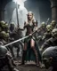 Placeholder: Length image full body photography Profesional Photoshoot Elf princess on dramatic standing action holding sword engraving sorrounded by orcs zombies troops