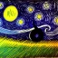 Placeholder: dibujo de una campo de noche con la luna y muchas estrellas con el estilo de Vincent van Gogh