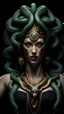 Placeholder: medusa goddess portrait, best quality,4k,8k,highres,masterpiece:1.2),ultra-detailed,(realistic,photorealistic,photo-realistic:1.37), snakes as hair,scales on the face and body of the goddess, mcold and stoic expression,fierce and powerful pose, intricate jewelry and accessories, dark background with smoke and mist, ethereal and otherworldly atmosphere, Greek mythology theme