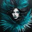 Placeholder: image of a girl, in the style of gossamer fabrics, liquid emulsion printing, dark cyan and dark black, trompe-l'œil illusionistic detail, wetcore, norwegian nature, fine feather and hair details