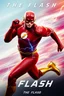 Placeholder: 1/4 side view, looking at the viewer, Movie Poster - "THE FLASH" - A massive, thick, extremely muscular, 7'8" tall man, ((skintight, formfitting, long-sleeved, red spandex bodysuit:1.5)), ((gold knee-high boots:1.5)), ((gold wrist gauntlets, red fingerless gloves, gold, double holstered utility belt:1.5)), ((skintight, formfitting, red spandex helmet with red eye disguise,:1.5)), Running in the speedforce, multicolored lightning emanating from his body, an overly exaggerated muscular stature