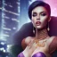 Placeholder: nigth city scape full body shot, masterpiece, best quality, black skinned, sparkling eyes, fluorescent skin,purple-dark makeup, gangsta style , highly detailed body, sun light, 4K, RAW, depth of field, high contrast, realistic details, 24mm