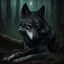 Placeholder: sad small scruffy wolf with a chain around its neck laying down eyes closed, photorealistic, dark fantasy, forest