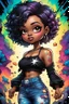 Placeholder: vibrant psychedelic comic book image, airbrush, 48k, cartoon art of a chibi curvy black female wearing torn jeans pants and a black tie dye off the shoulder blouse. Prominent make up with lush lashes. Highly detailed short pixie cut