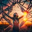 Placeholder: A young woman tries to get out of the agony of cobwebs that surround her geometrically, her hands try to tear the cobwebs, sunset time, dramatic shot, wide lens, dramatic colors, outdoor shot, impressive artwork, 12K