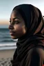 Placeholder: Seorang wanita berkulit hitam manis, berlesung pipi memakai jilbab berada di pinggiran pantai dengan pemandangan langit yang cerah