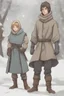 Placeholder: DnD style, two medieval peasant kids playing in the snow, female age 14 and male age 15, happy and playful, he has a short sword. Coats and pants