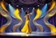 Placeholder: modern stage with gray-dark yellow blueish violet theme artistic decoration , color full dynamic lighting, a beautiful lady in maxi dress with shining silver jewels dancing, 3D recursive fractal structure animating background