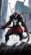 Placeholder: A close picture of Venom symbiote with kratos red tattoos and Clothes, holding blade of choice