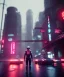 Placeholder: circular white moon, 3D, beautiful, light reflecting, empty city, midnight, rainy night, neon, cyberpunk, person with helmet walking