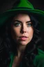 Placeholder: a western woman with black hair, green eyes, eye bags, dressed in western clothes with a hat