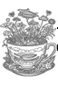 Placeholder: Outline art for coloring page, TEACUP SET IN CLEAR SKY, coloring page, white background, Sketch style, only use outline, clean line art, white background, no shadows, no shading, no color, clear