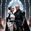 Placeholder: a bold and heroic bald male Corellian pilot in black and metallic grey First Order special forces gear meets a female Jedi Master in ancient, mystical temple, hyperdetailed, dynamic lighting, hyperdetailed background, 8k resolution, volumetric lighting, light skin, fully symmetric details