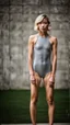 Placeholder: beautiful asian anorexic woman, total shot, short silver triathlon swimsuit, short blond wavy bob hair, blurred concrete background, grey triathlon swimsuit