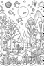 Placeholder: Coloring page for toodlers, with a cute cartoon forest landscape, very Bold outlines and white background, minimal number of elements, very simple