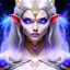 Placeholder: cosmic mage, elf, female, battle mage, cosmic sword, epic, cosmic magic, staff, long ears, white hair, face details, odd-eyes, pale skin, detailed eyes, jewellery, broad shoulders, glowing eyes, sharp ears, cosmic clothes