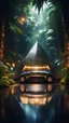 Placeholder: a car shaped like a pyramid in dark lit reflective wet jungle metallic hall dome hotel tunnel, in the style of a game,bokeh like f/0.8, tilt-shift lens 8k, high detail, smooth render, down-light, unreal engine, prize winning