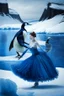 Placeholder: Cinderella in her blue dress dancing in Antarctica with a penguin in the snow