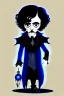 Placeholder: black haired blue-eyed young man necromancer goth gnome that looks like Edgar Alan Poe with gothic jewelry, in the style of Charles Addams