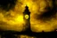 Placeholder: A yellow clock tower made out of gel in a thunderstorm painted by Albert Pinkham Ryder