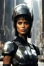 Placeholder: [2000 AD (1977)] The streets of Mega City One were alive with the constant hum of activity, but in the midst of the chaos, a figure stood tall and resolute. Halle Berry, part of the judges' team, commanded attention as she surveyed the sprawling metropolis. The helmet, a symbol of authority and unwavering justice, rested firmly on Berry's head, obscuring her features but amplifying the aura of power that surrounded her. The citizens of Mega City One couldn't help but be drawn to her presence, in