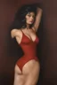 Placeholder: Portrait of a woman, perfect face, perfect copper eyes, dark hair, glamorous, gorgeous, delicate, romantic, red two-piece bathing suit, realistic, romanticism, red tones, Boris Vallejo- Pitch black Background - dark, wood panel wall in the background