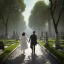 Placeholder: a couple walking in Père Lachaise cimetery in Paris, the woman is wearing a white dress and is pointing something in the background, hyper-realistic style, cinematography, 4K