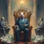 Placeholder: rich pig in suit on a throne making stacks of money by making a deal with a buisnessman. background of musicians. Payday payday. beksinski style. politicians