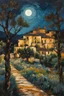 Placeholder: fine palette knife painting of a placid Spanish villa set amidst surrounding olive groves under the pale moonlight of midnight , in the Expressionist style of Egon Schiele, Oskar Kokoschka, and Franz Marc, highly detailed in muted natural colors with fine detail outlining and shading