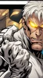 Placeholder: A close picture to a man fighting with his hands have white Pretty hair and yellow glowing eyes and strong muscles