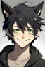 Placeholder: A male anime man with messy black hair, black cat ears, smiling.